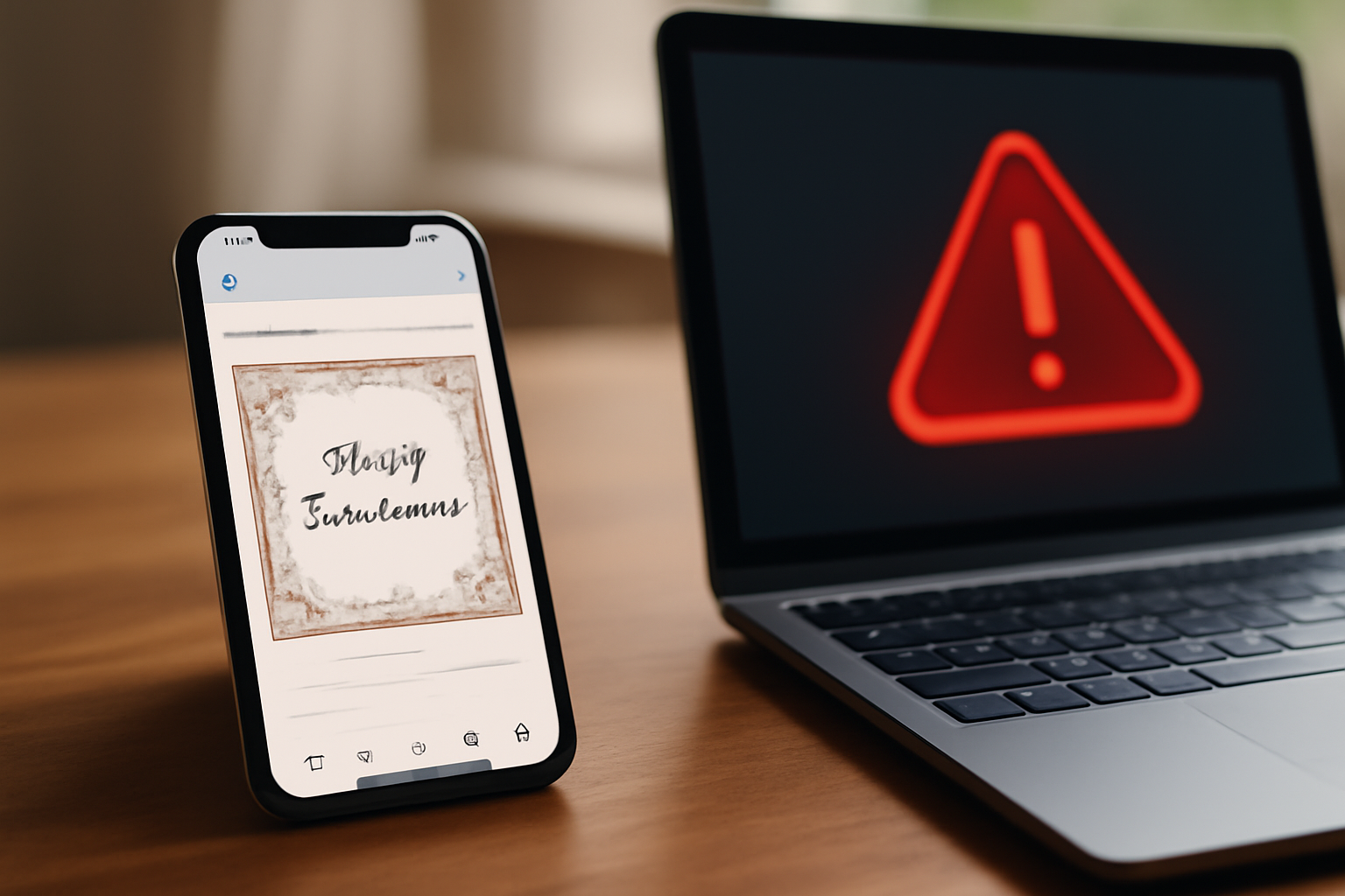 A smartphone screen showing a fake party invitation email next to a laptop displaying a security warning icon