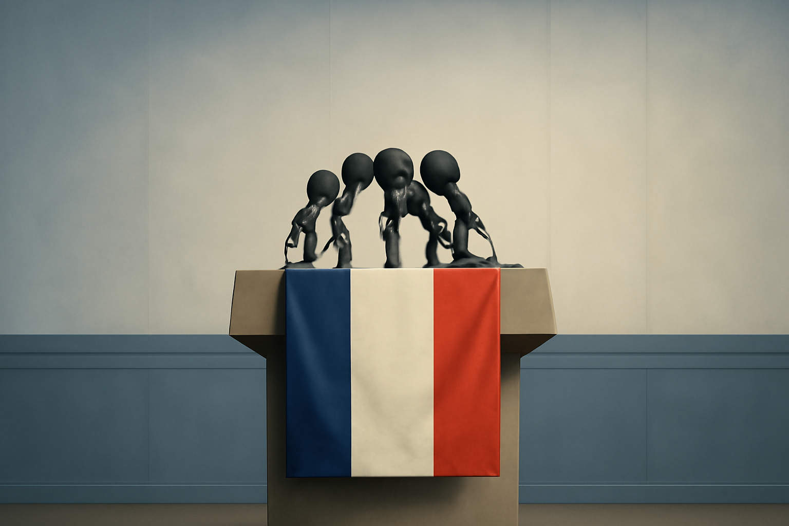 A podium with a French flag and microphone set up for a political announcement