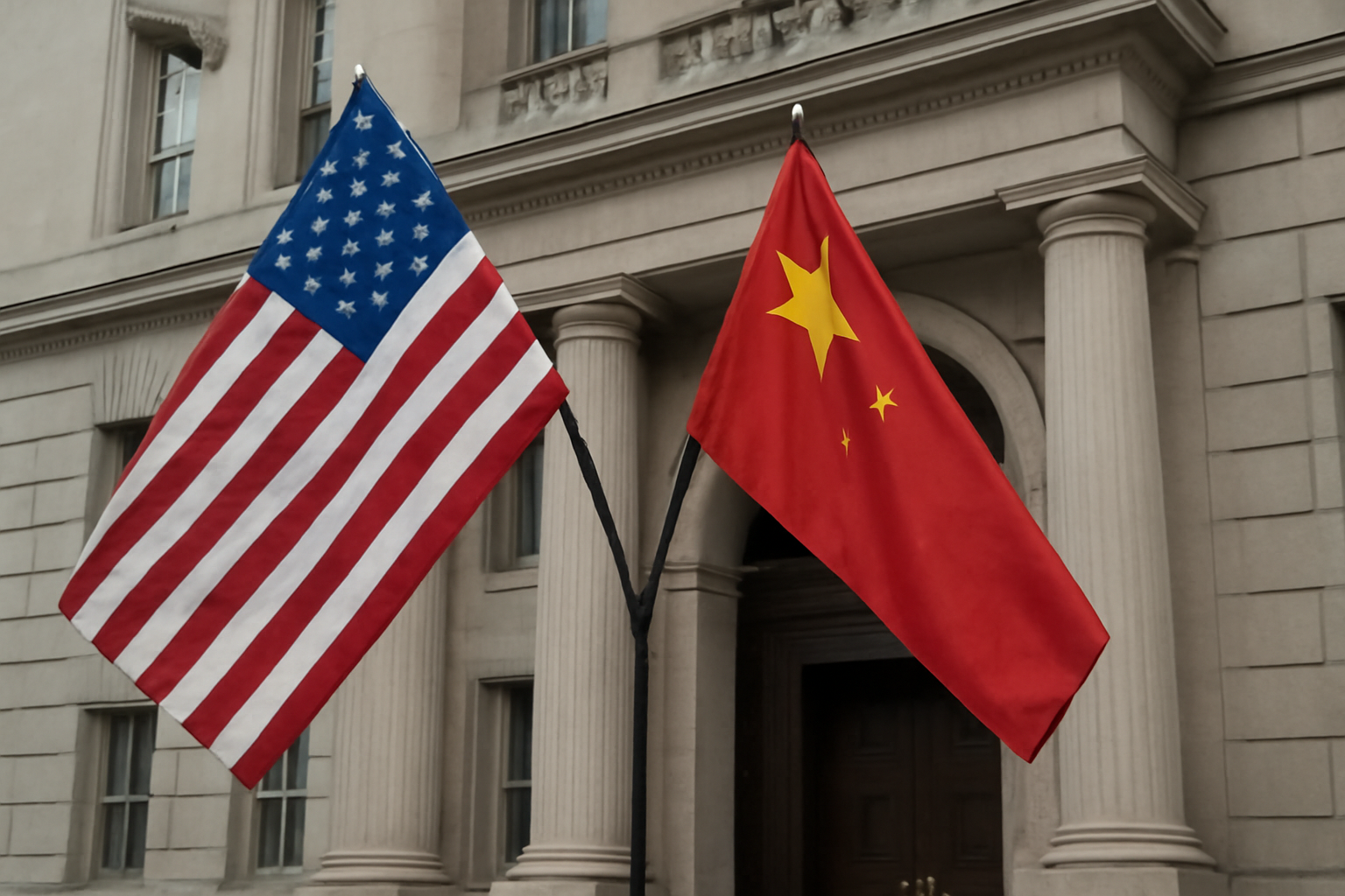 Two national flags, American and Chinese, standing side by side outside a formal government building entrance