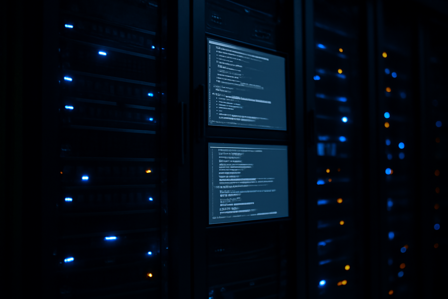 Server rack running open-source Unix operating system with terminal screens showing code