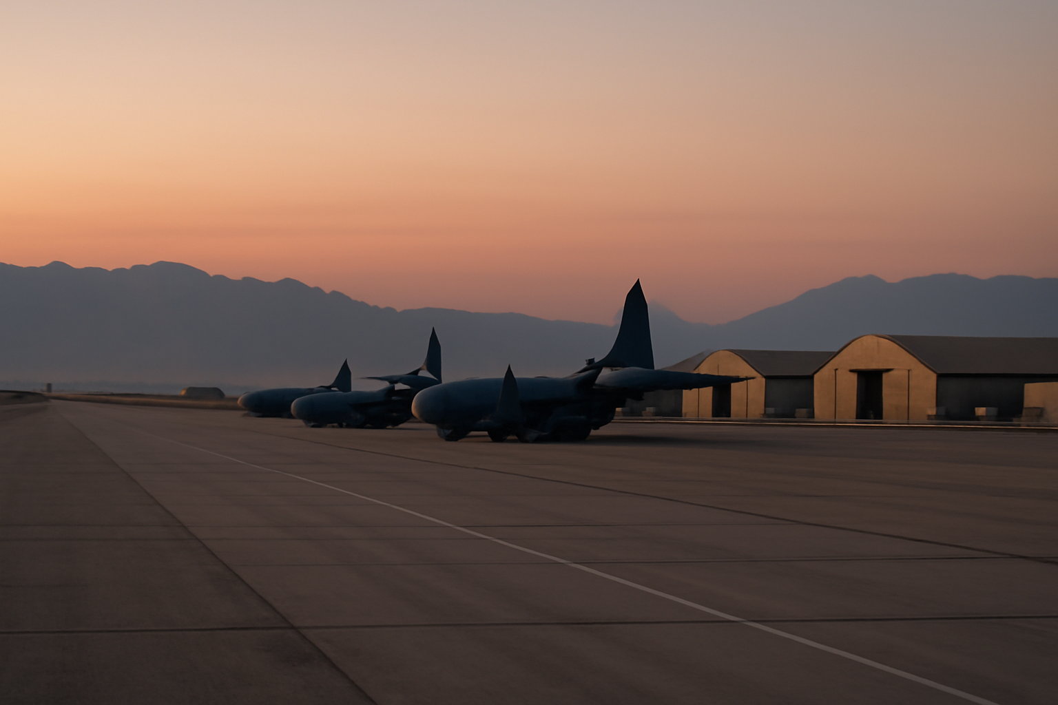 Empty military airbase runway in northern Iraq with parked transport aircraft under a clear sky