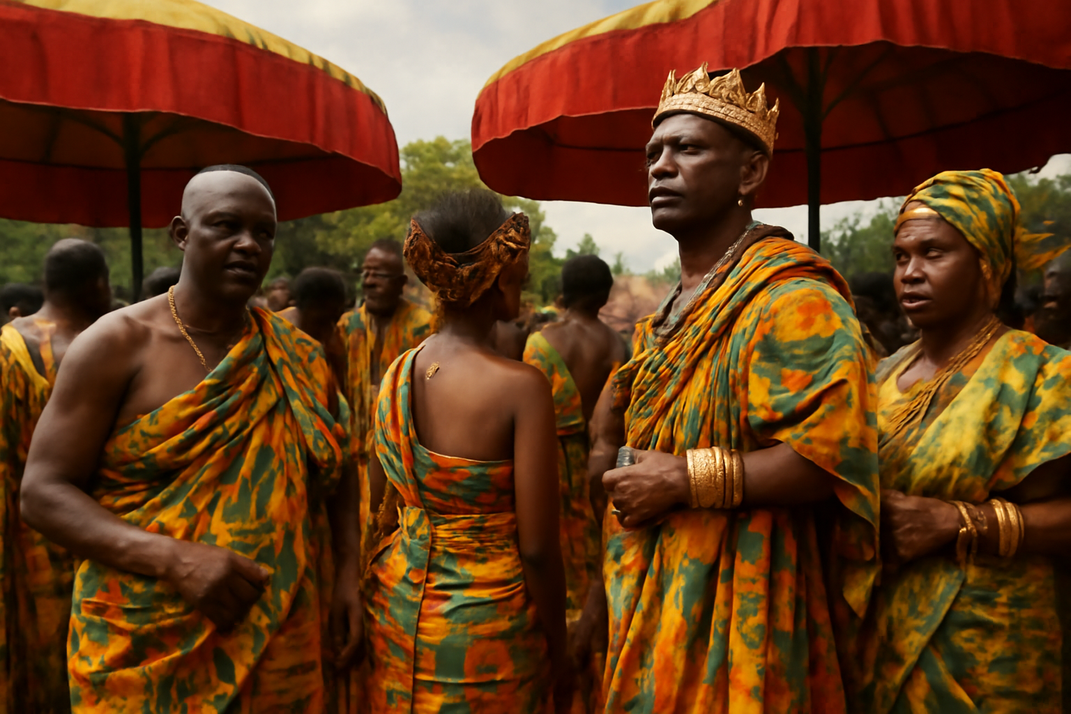Ghanaian participants in traditional dress gathered for a historical commemoration ceremony