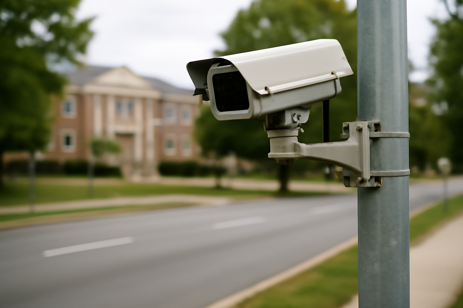 License plate reading camera mounted on a pole above a city street
