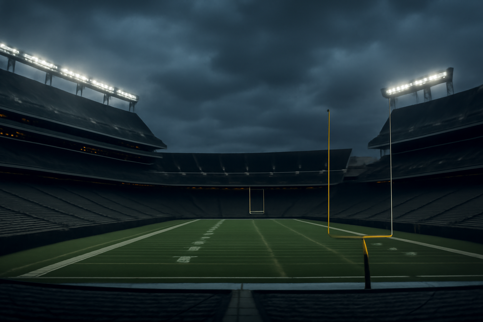 Exterior of an NFL stadium under overcast sky with no visible text or logos