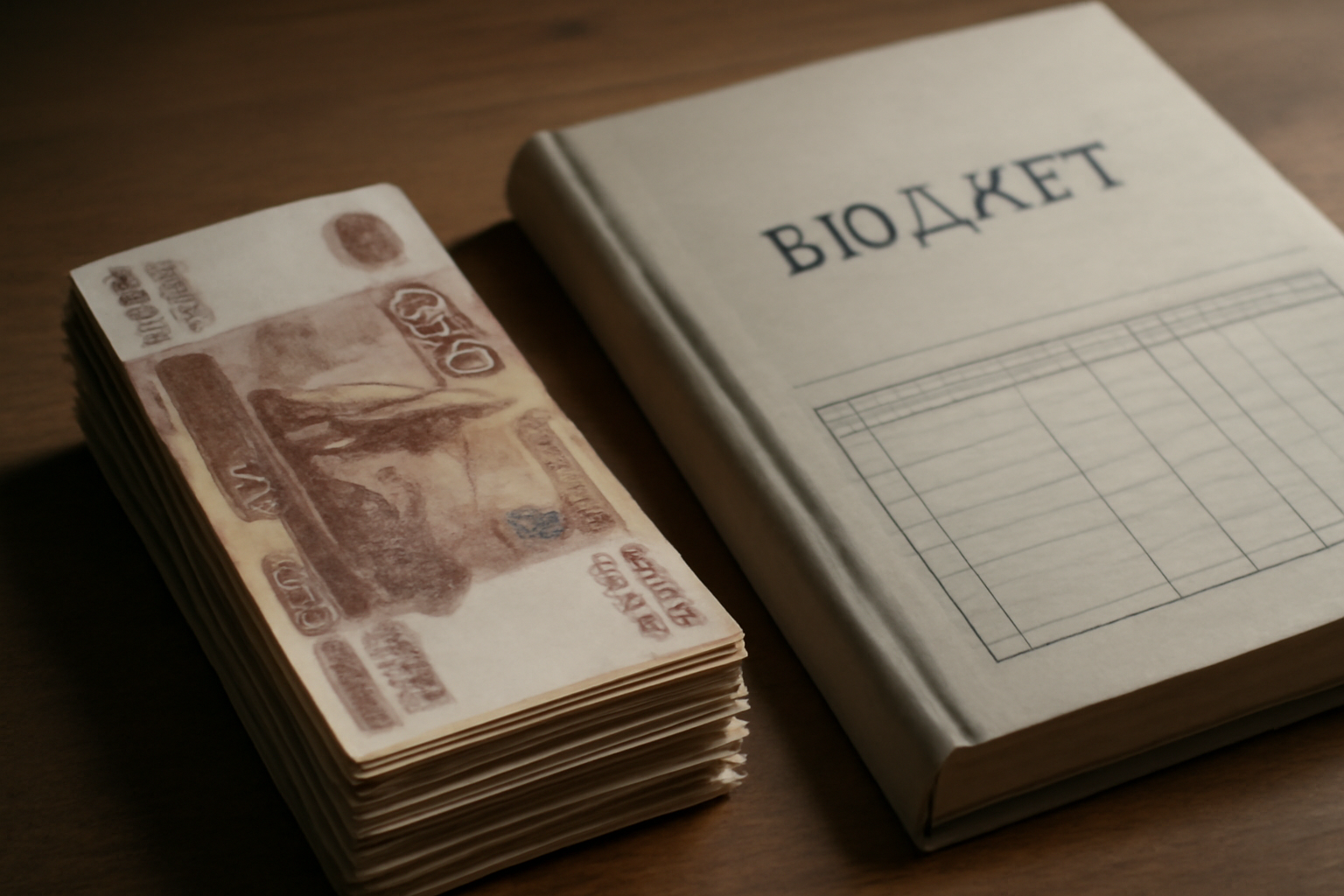 Russian ruble banknotes stacked beside a government budget document
