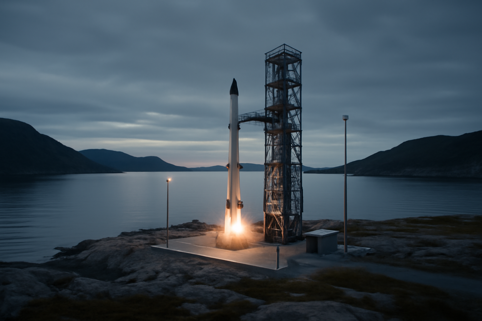 A coastal rocket launch tower framed against a Nordic fjord at dusk