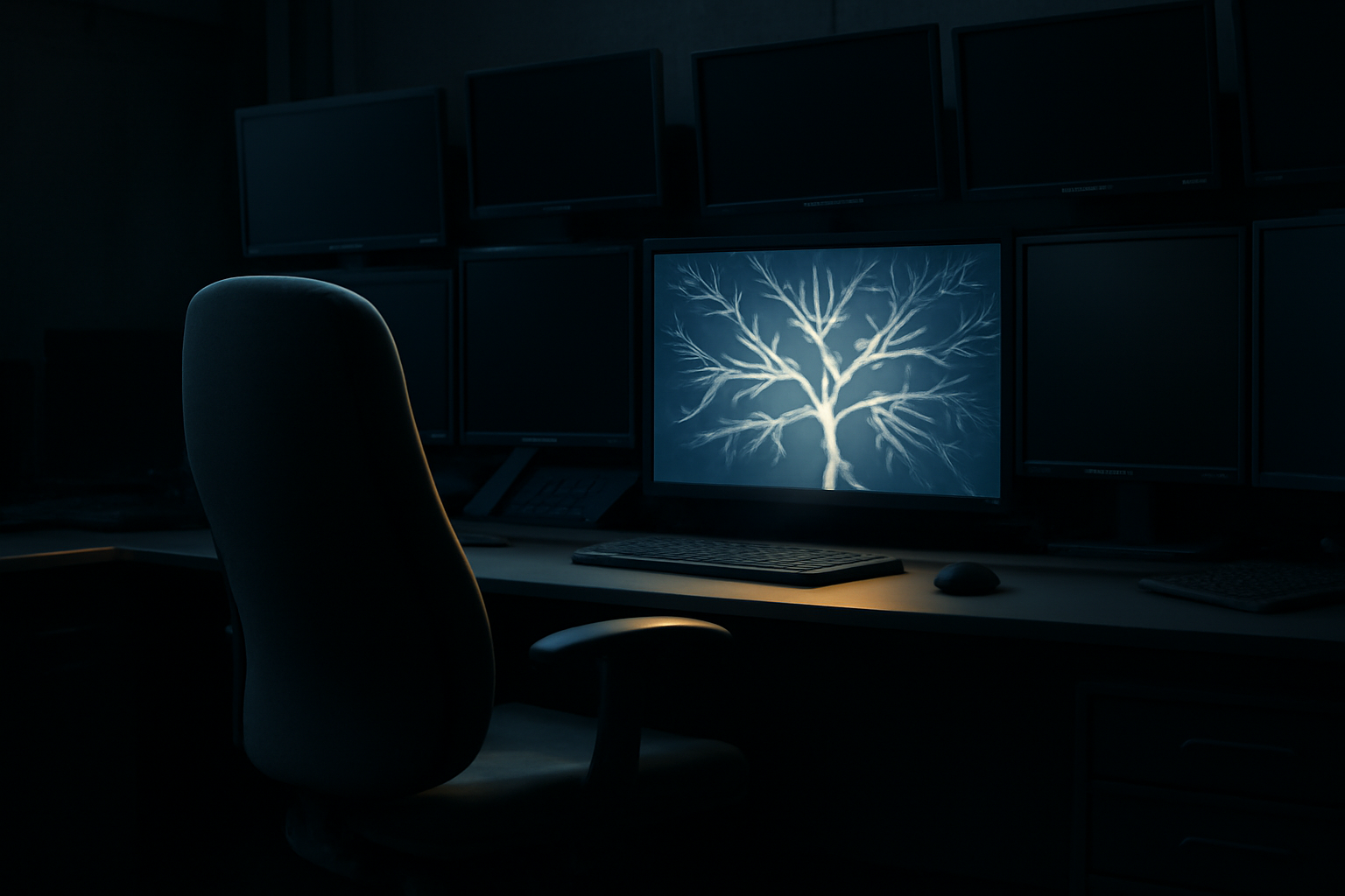 A glowing network node autonomously routing a decision past an empty chair at a control desk