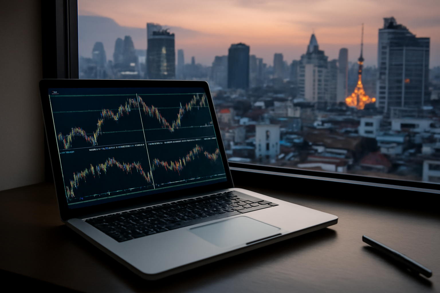 A laptop and currency trading charts on a desk near a city skyline window