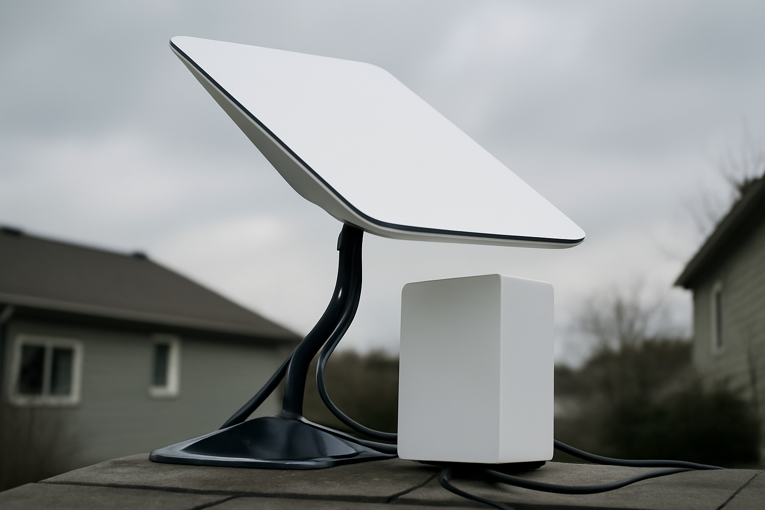 White Starlink satellite internet dish and router mounted outdoors with an overcast sky