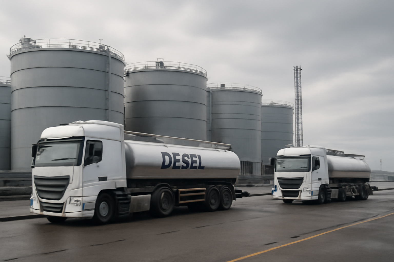 Diesel fuel tanker trucks lined up at a European port terminal under overcast sky