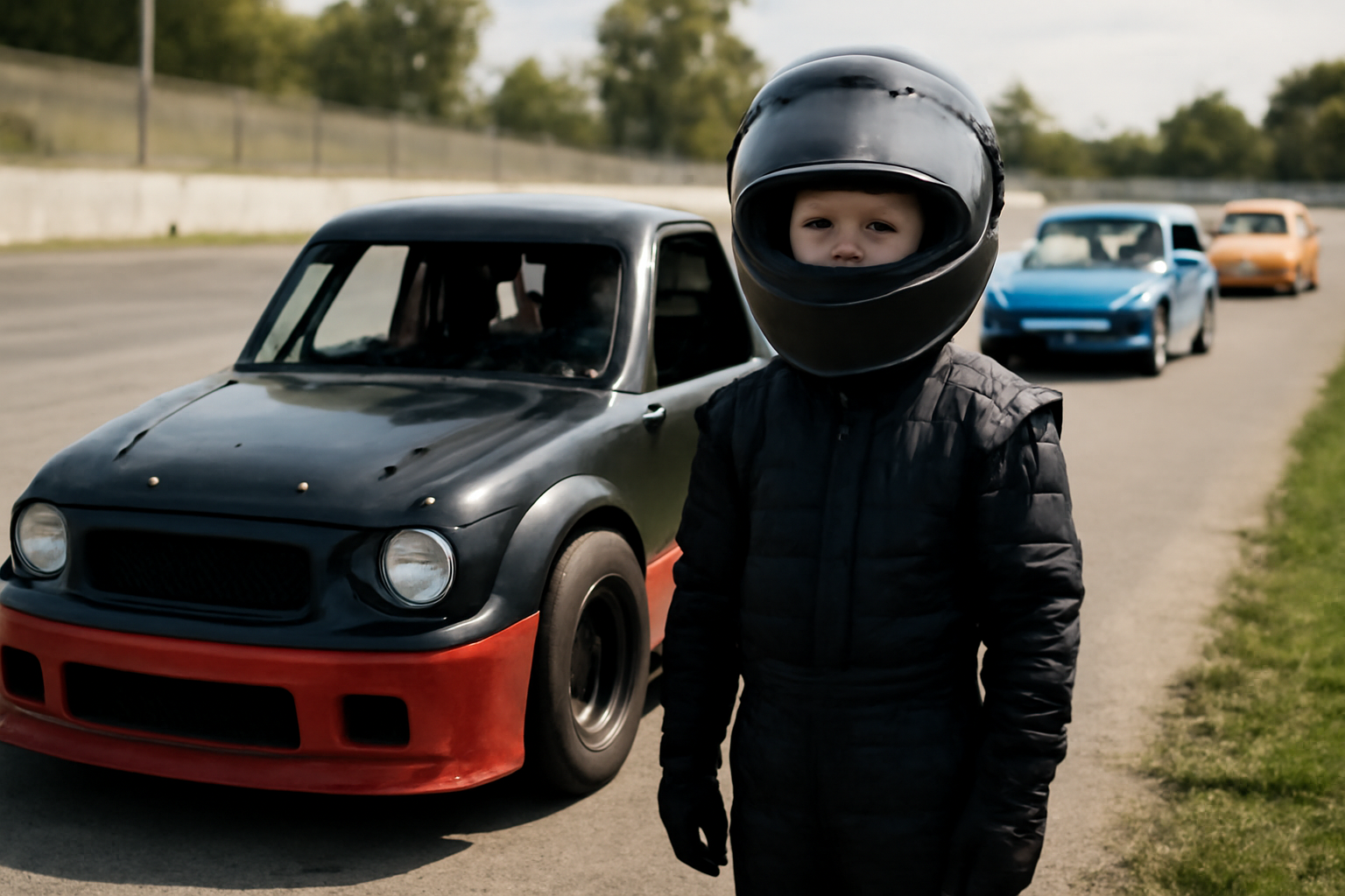 An 8-year-old boy in a racing helmet and fire-resistant suit standing beside a small youth stock car on a track