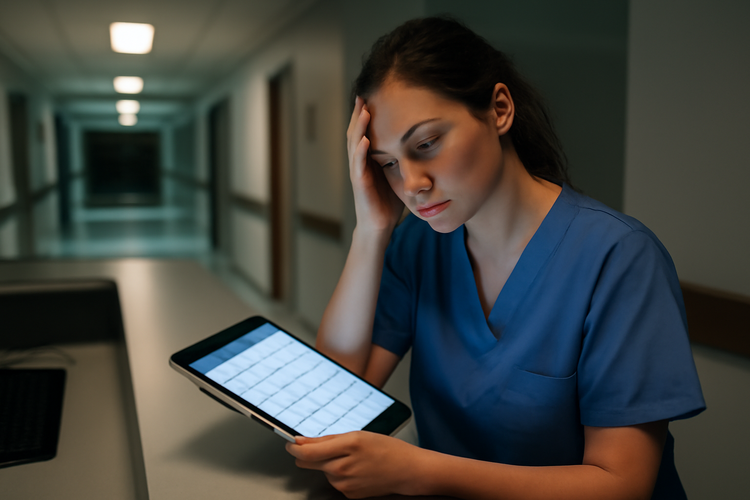 A hospital nurse reviews a digital shift schedule on a tablet at a nurses' station