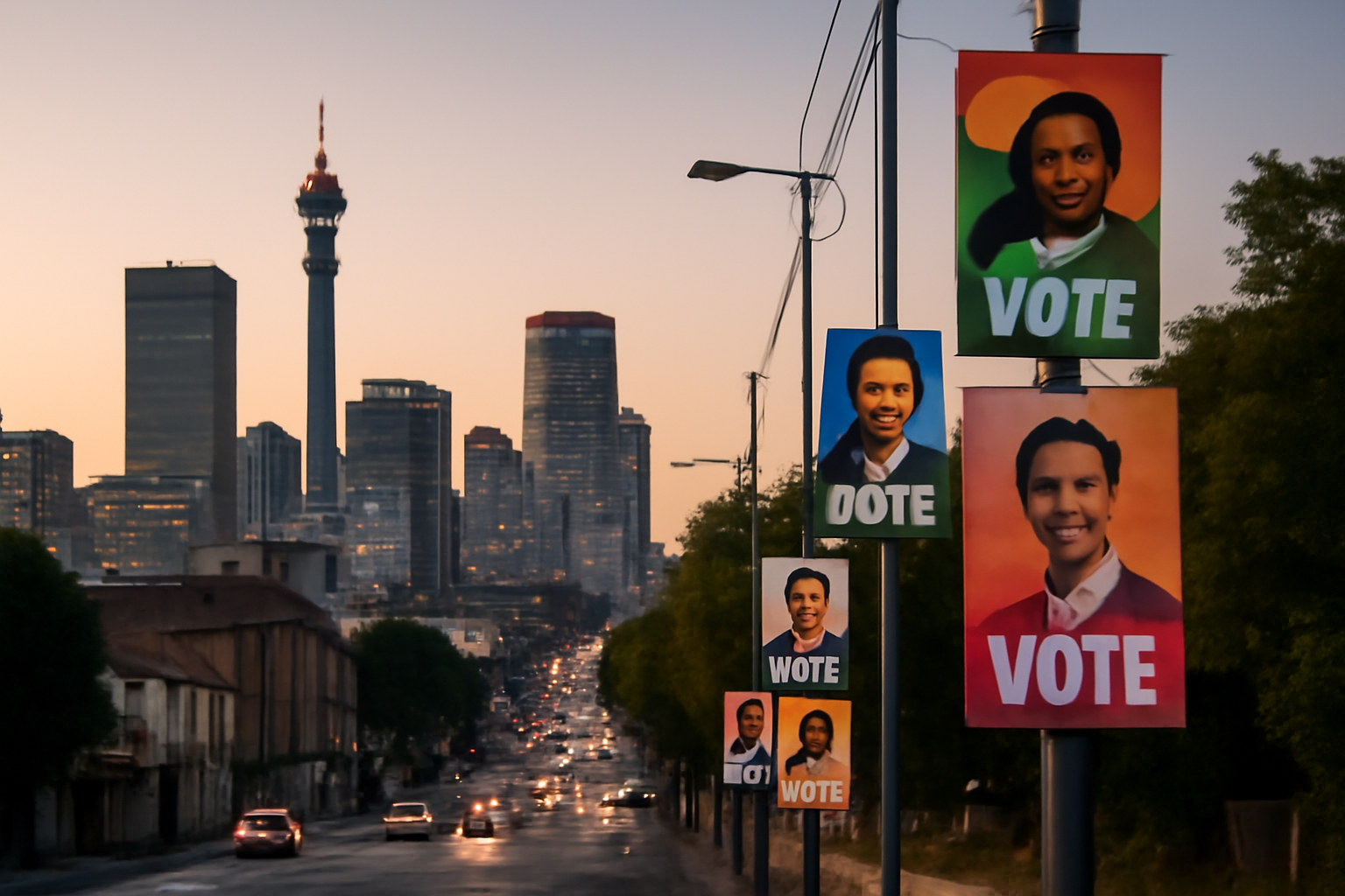 Johannesburg city skyline with municipal election campaign banners visible on a street