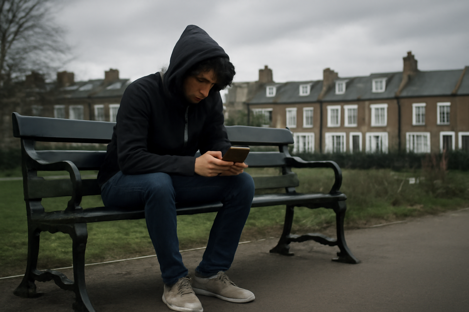 A young adult sits alone on a London park bench looking at a phone under overcast sky