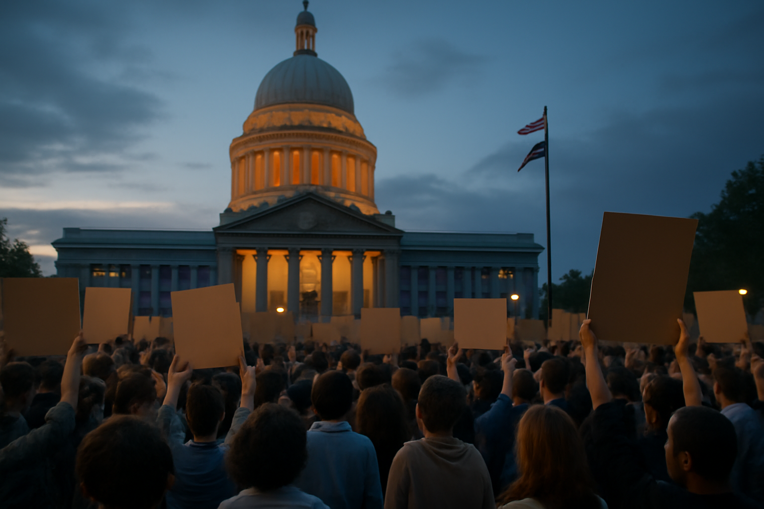 Crowd of demonstrators holding signs outside the Mississippi state capitol building