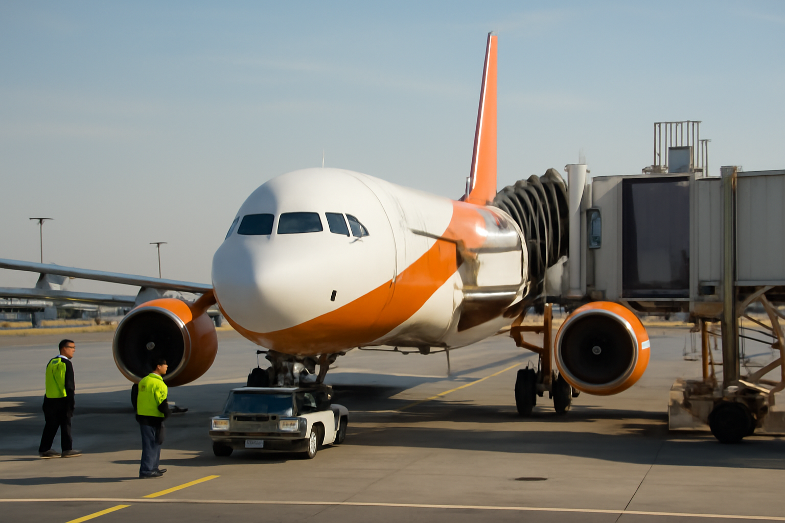 A flydubai aircraft parked at a gate with ground crew nearby under daylight sky