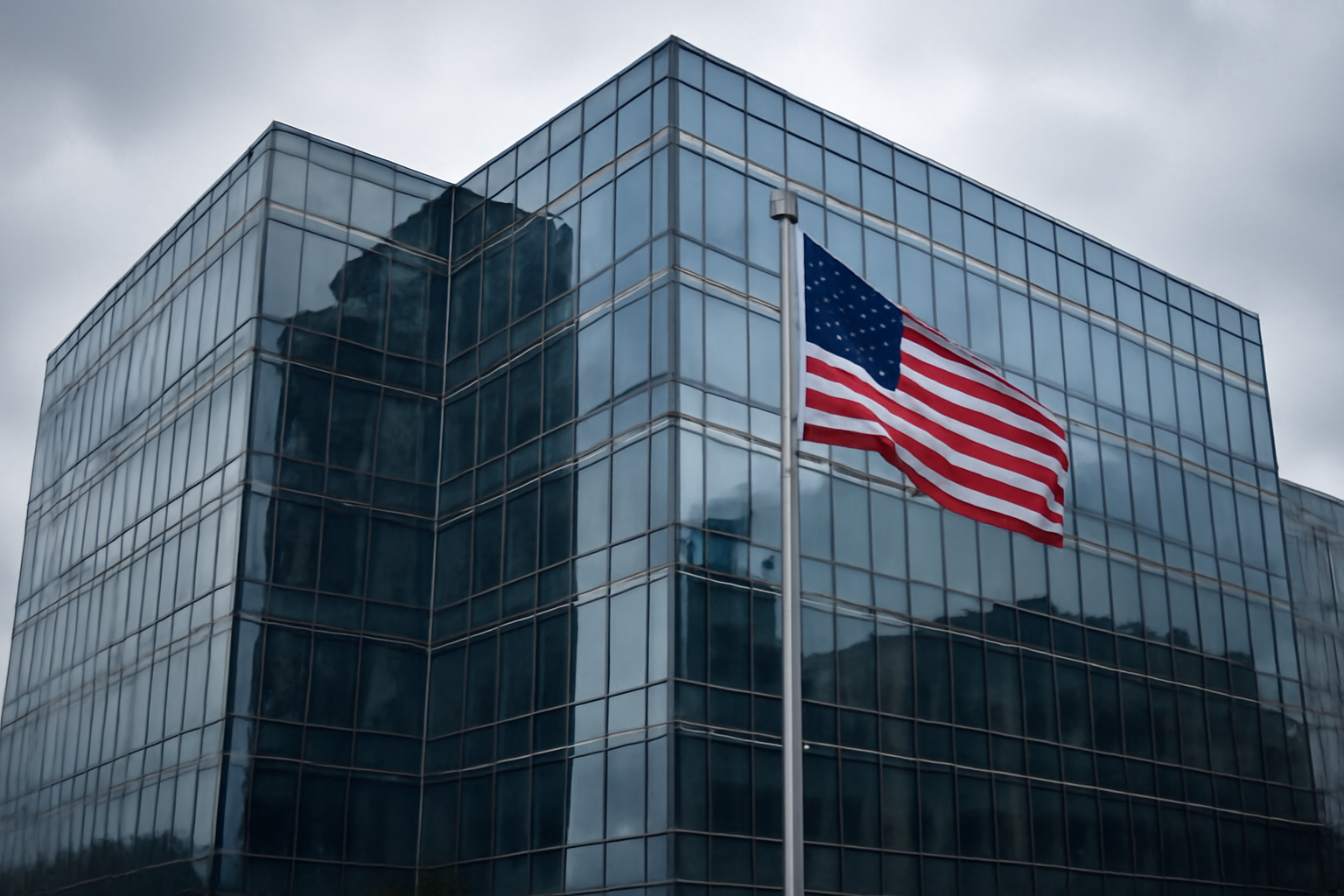Exterior of a corporate technology office building with an American flag visible near the entrance