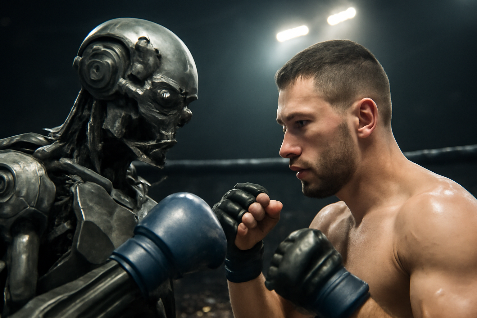 A humanoid combat robot with a metallic skull-like head faces off against a human fighter inside a cage ring under stadium lighting