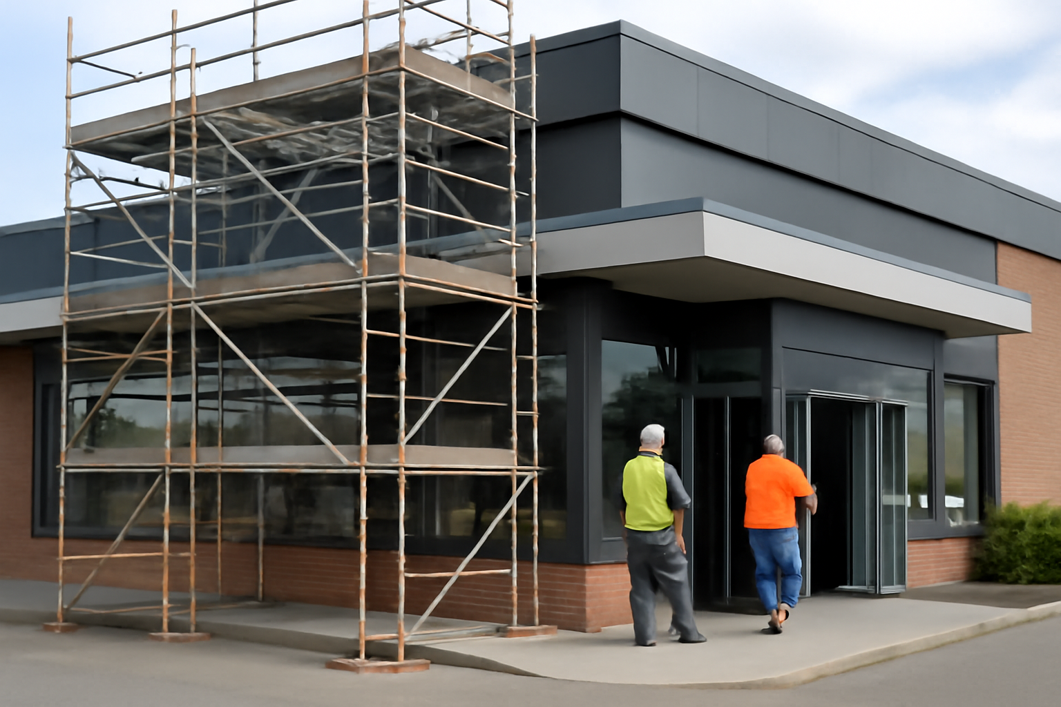 Exterior of a McDonald's restaurant with construction scaffolding during a renovation