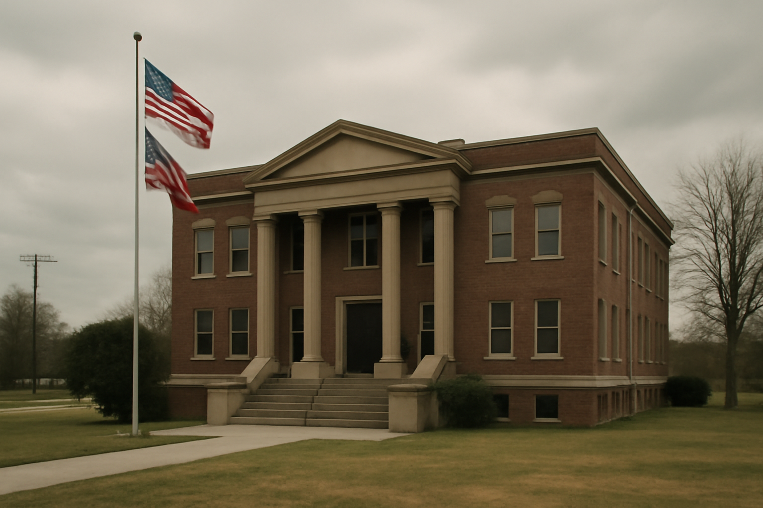 Exterior of a rural Mississippi county courthouse under an overcast sky