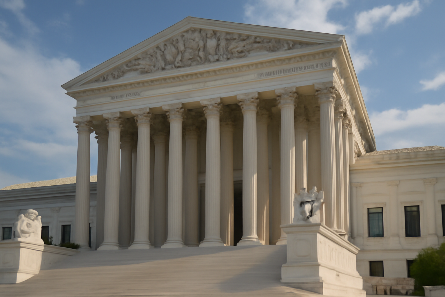 Exterior of the U.S. Supreme Court building with marble columns under a clear sky