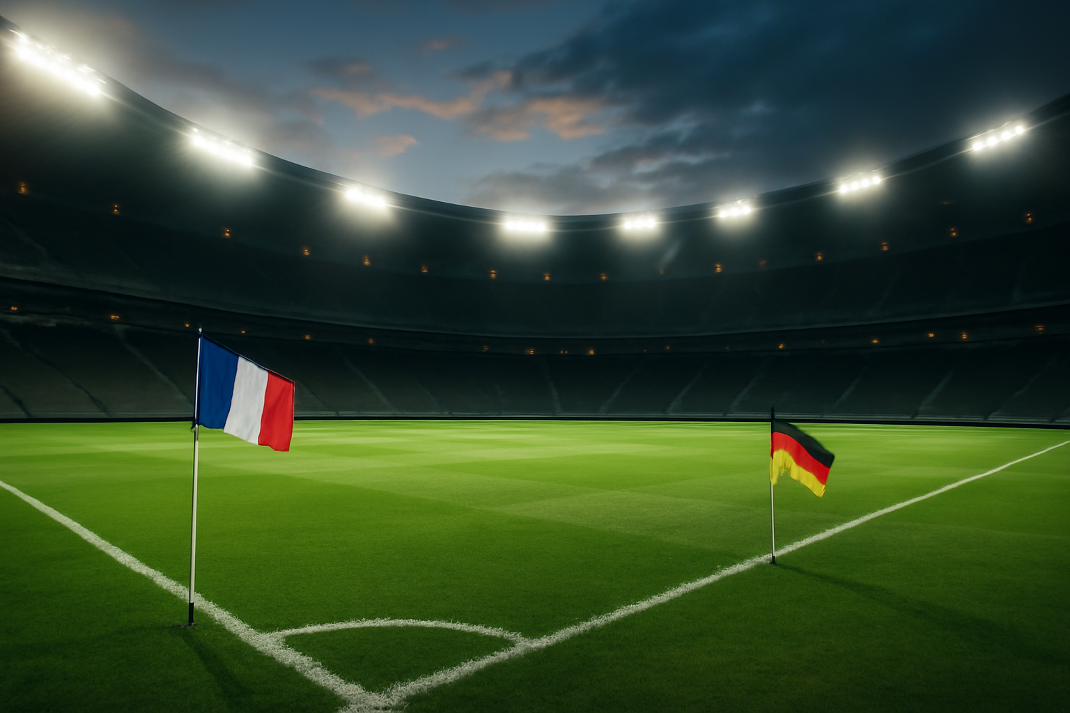 Empty stadium seats with Irish and Israeli flags visible near a football pitch under stadium lights