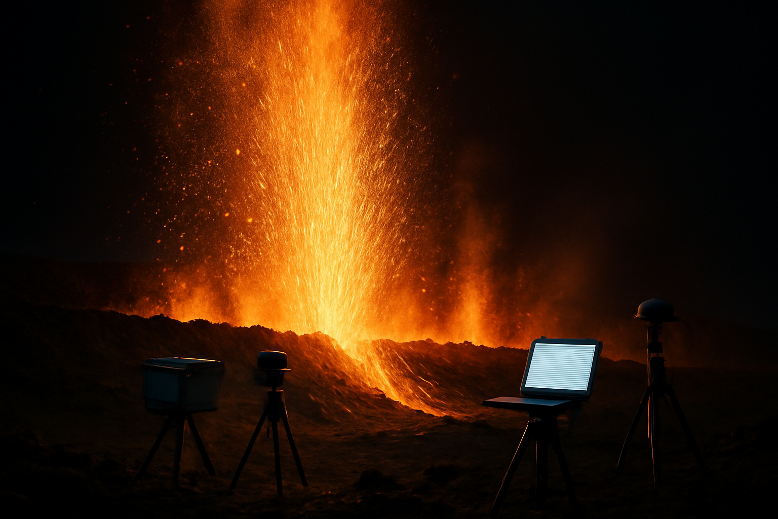 Lava fountain erupting from a fissure at Kilauea volcano with molten rock spraying high into a dark sky