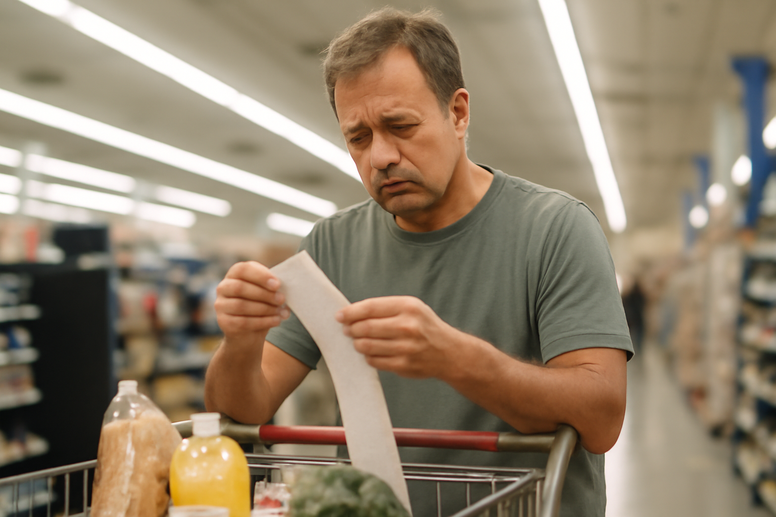 A shopper studies a grocery receipt in a supermarket checkout aisle under fluorescent lighting