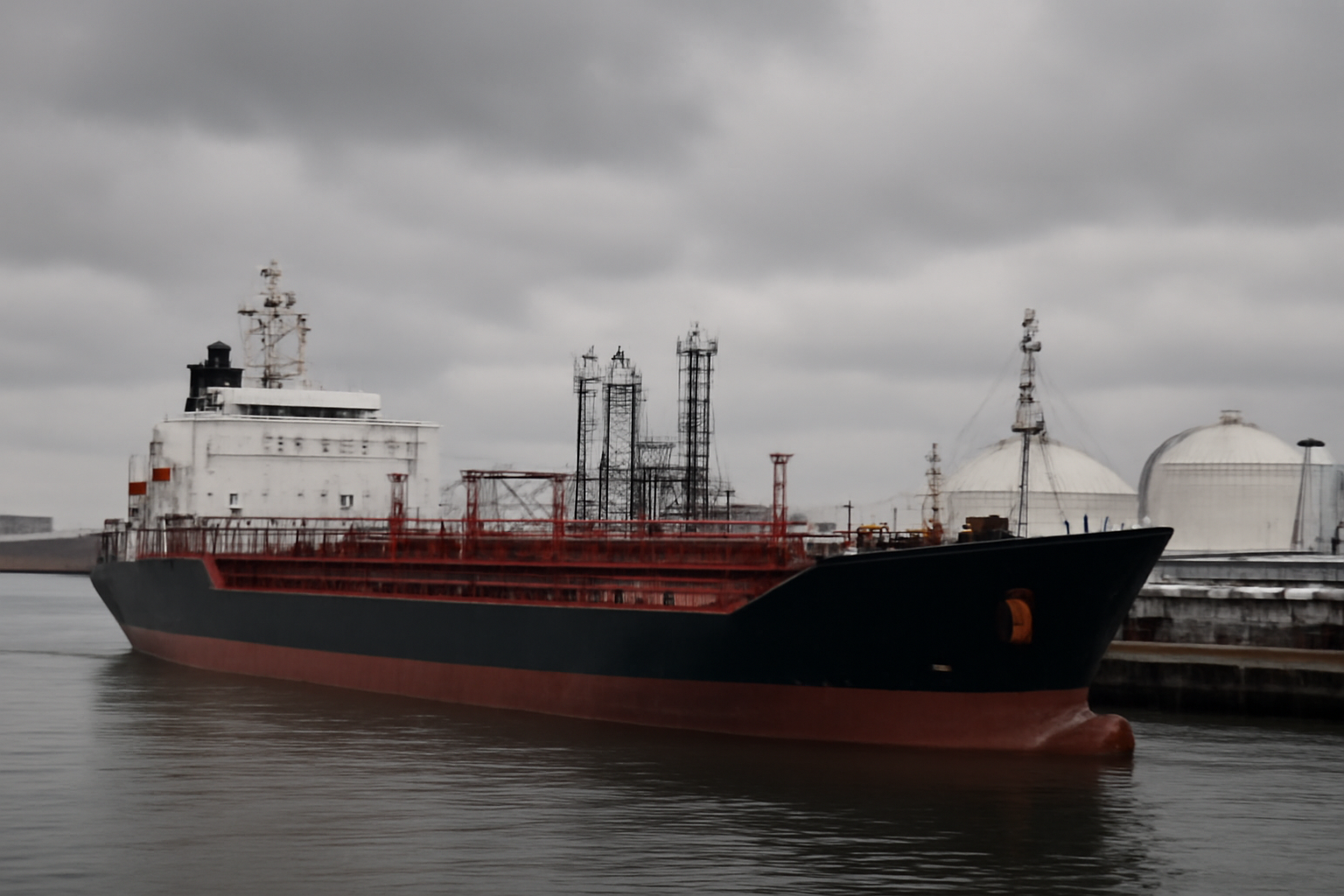 Oil tanker at a Russian port terminal under overcast sky
