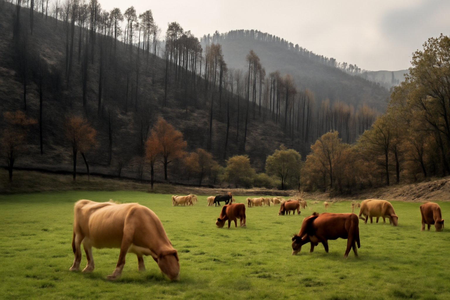 Charred pine and oak trees surrounding a green pasture with grazing cattle in Spain's Gredos mountains