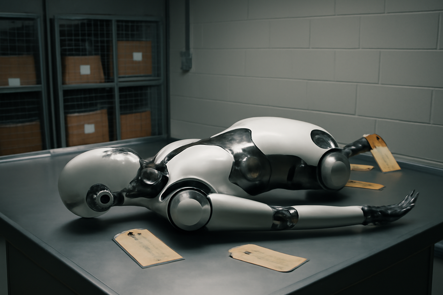 A humanoid robot seized by police sits on an evidence table in a German police facility