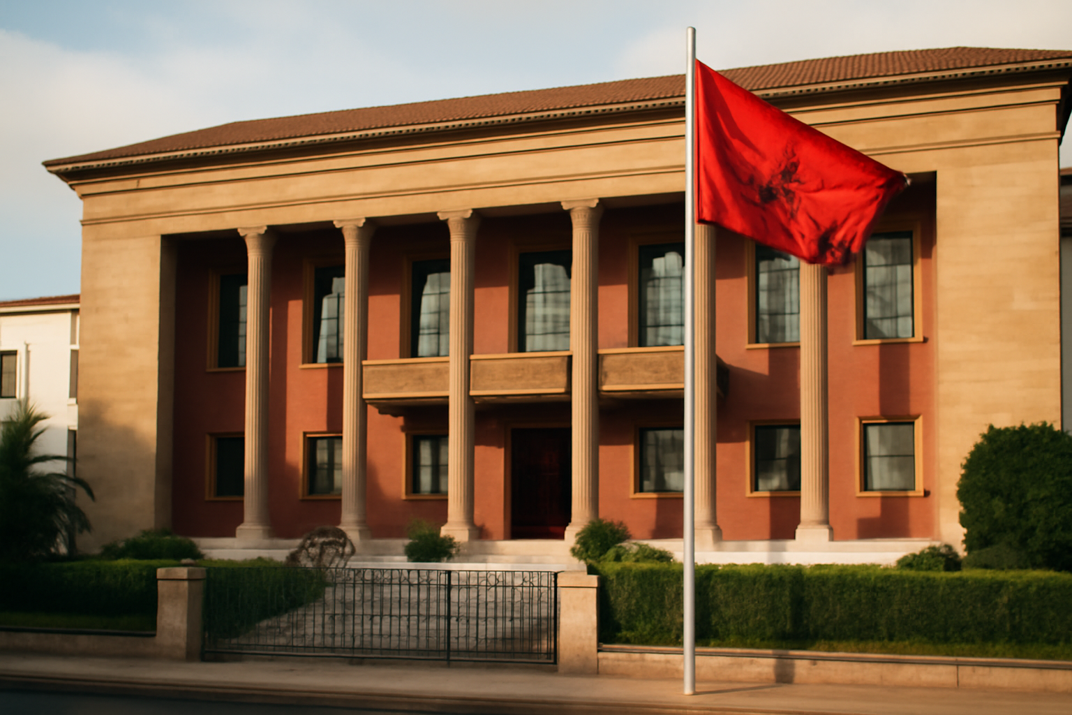 Exterior of a government building in Rabat, Morocco, with the national flag flying