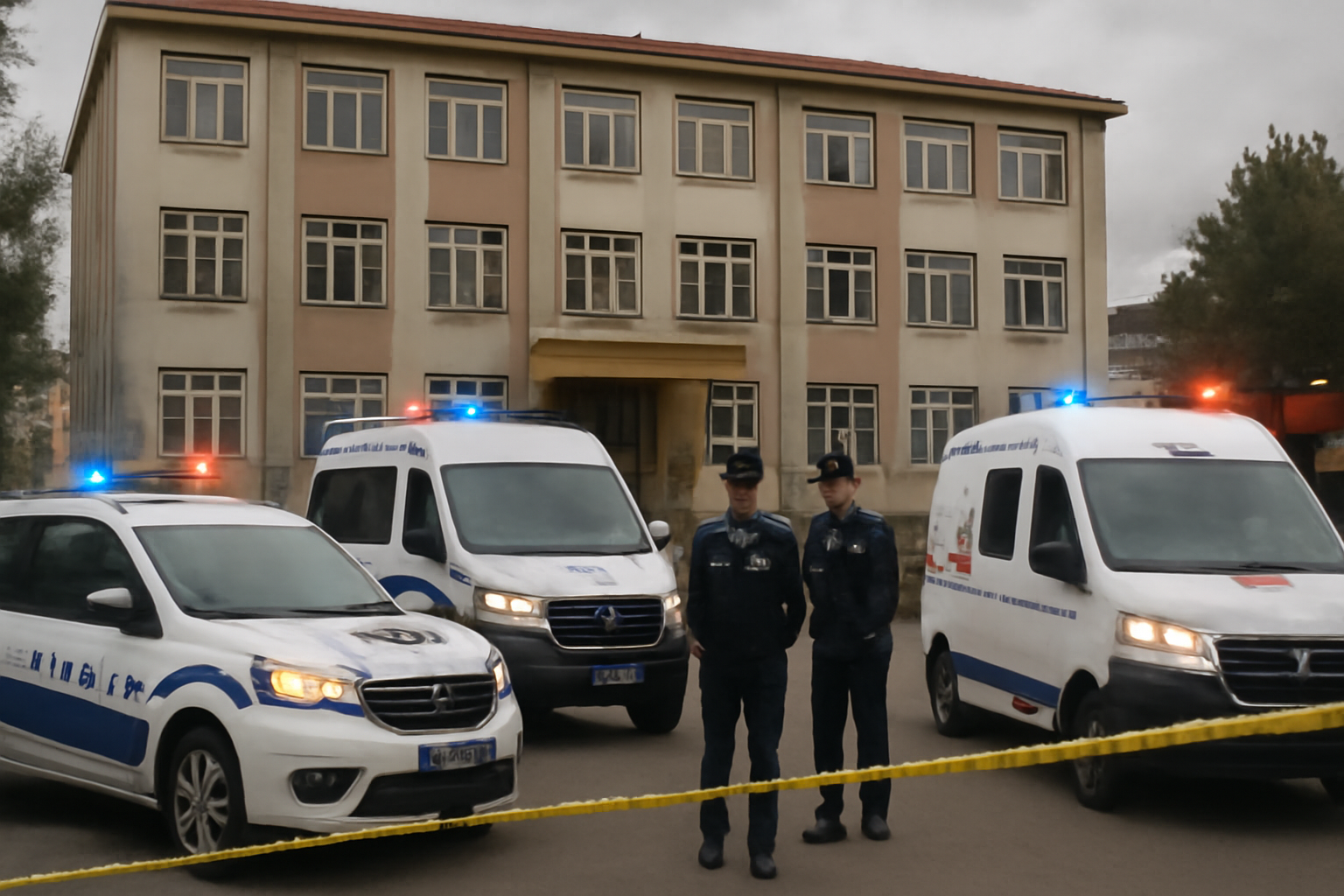 Police vehicles and emergency responders gathered outside a high school building in Turkey
