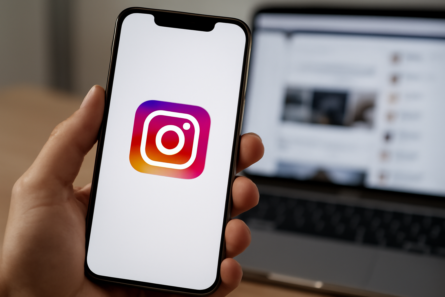 Instagram app icon displayed on a smartphone screen held in front of a laptop showing a social media feed