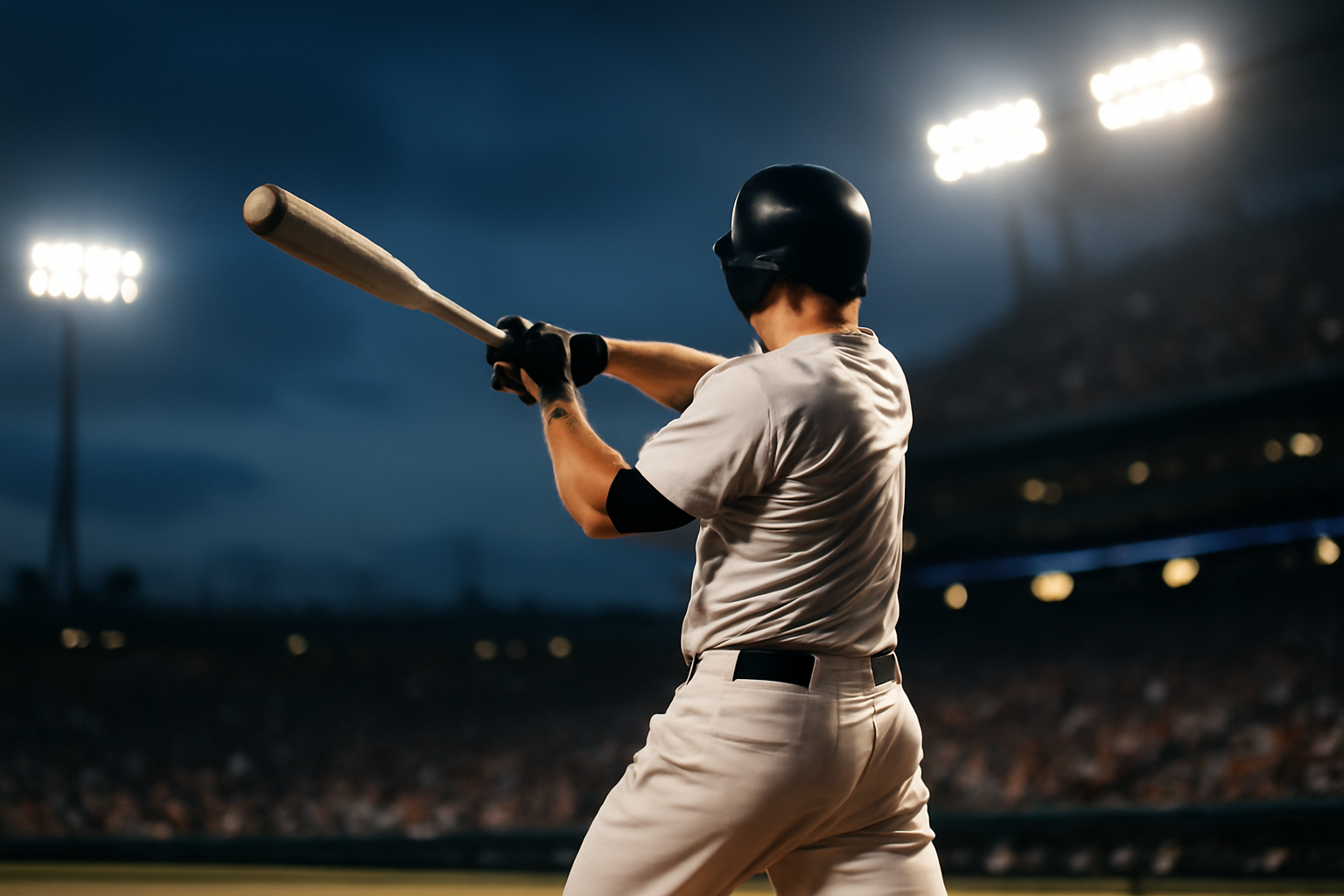 Baseball player in a white home uniform completing a swing under stadium lights during a playoff game