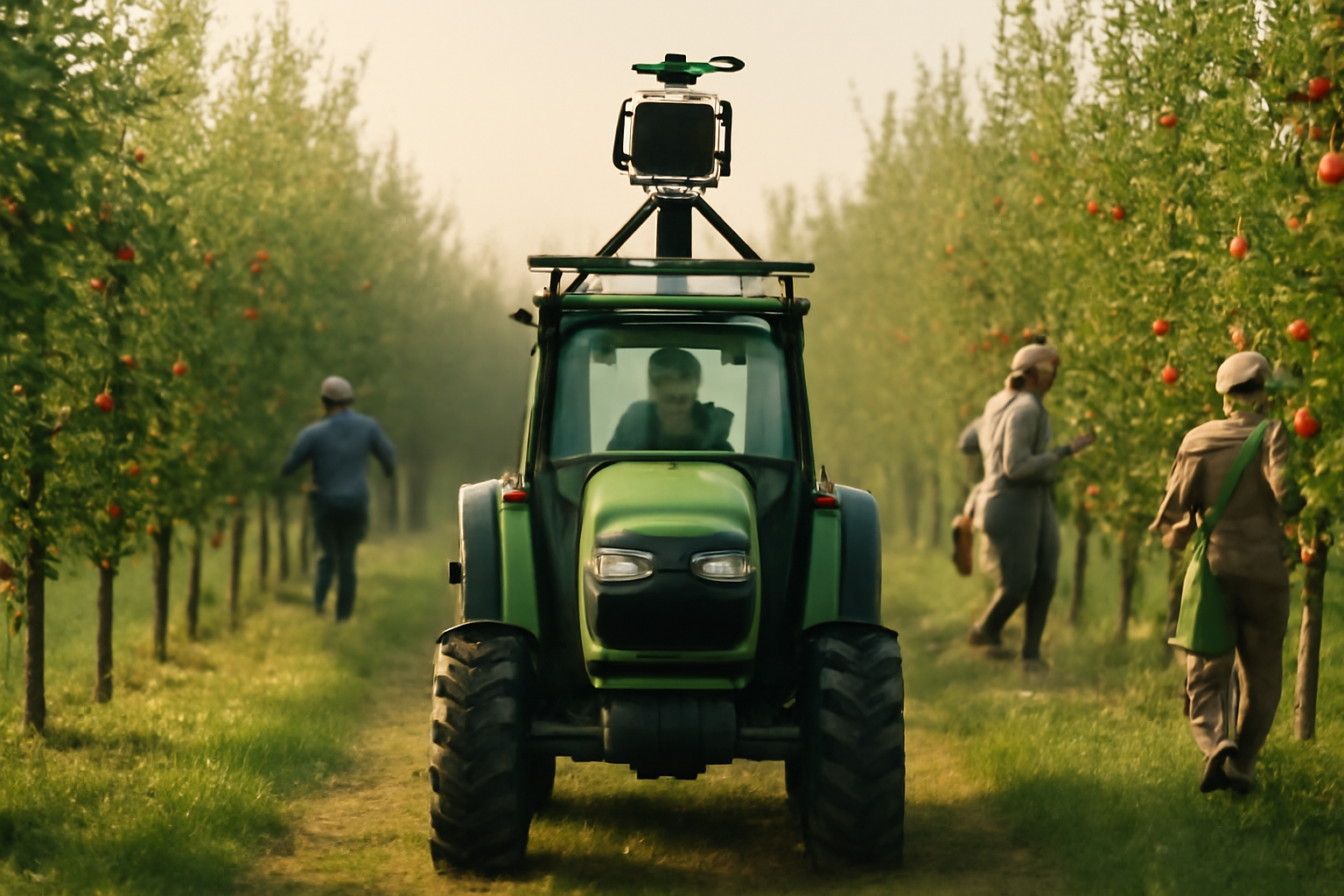 Tractor-mounted camera scanning rows of apple trees in an orchard