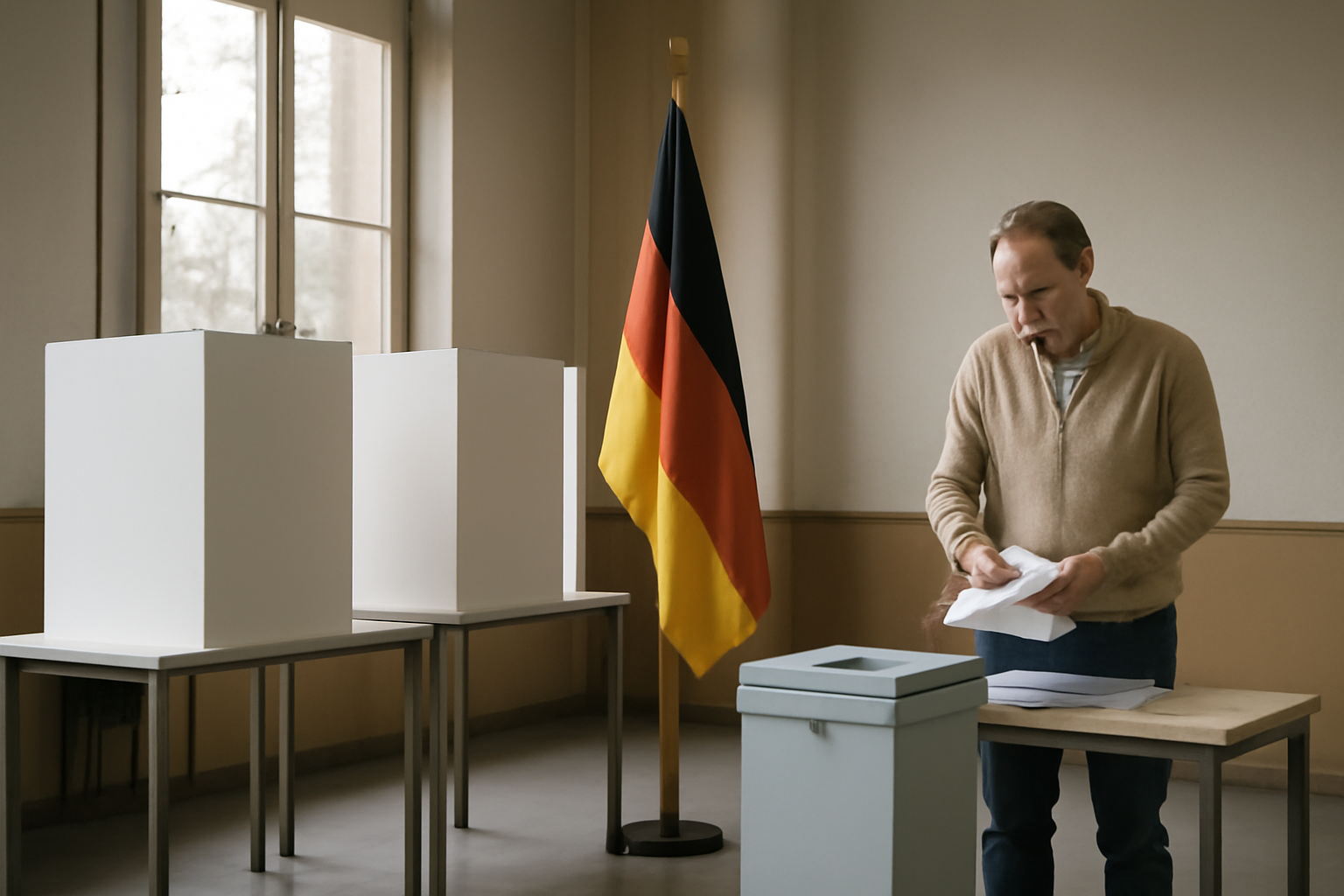 Polling station workers preparing ballot boxes in a German municipal building