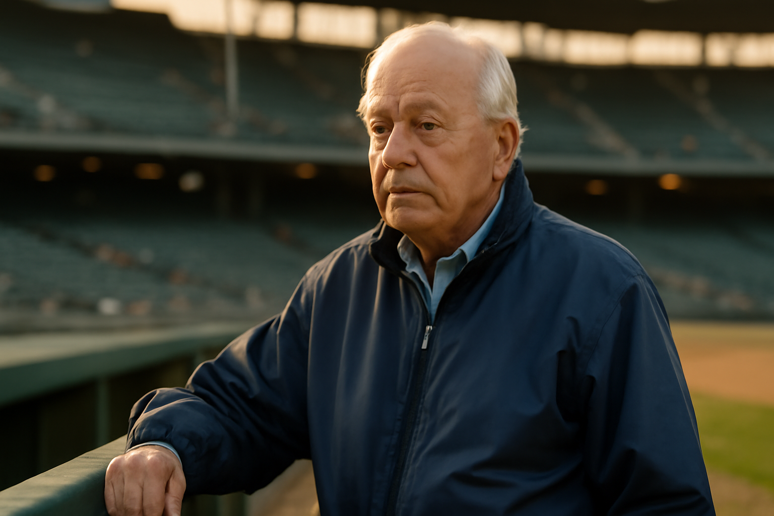 Fred Claire standing on the field at Dodger Stadium in a team jacket