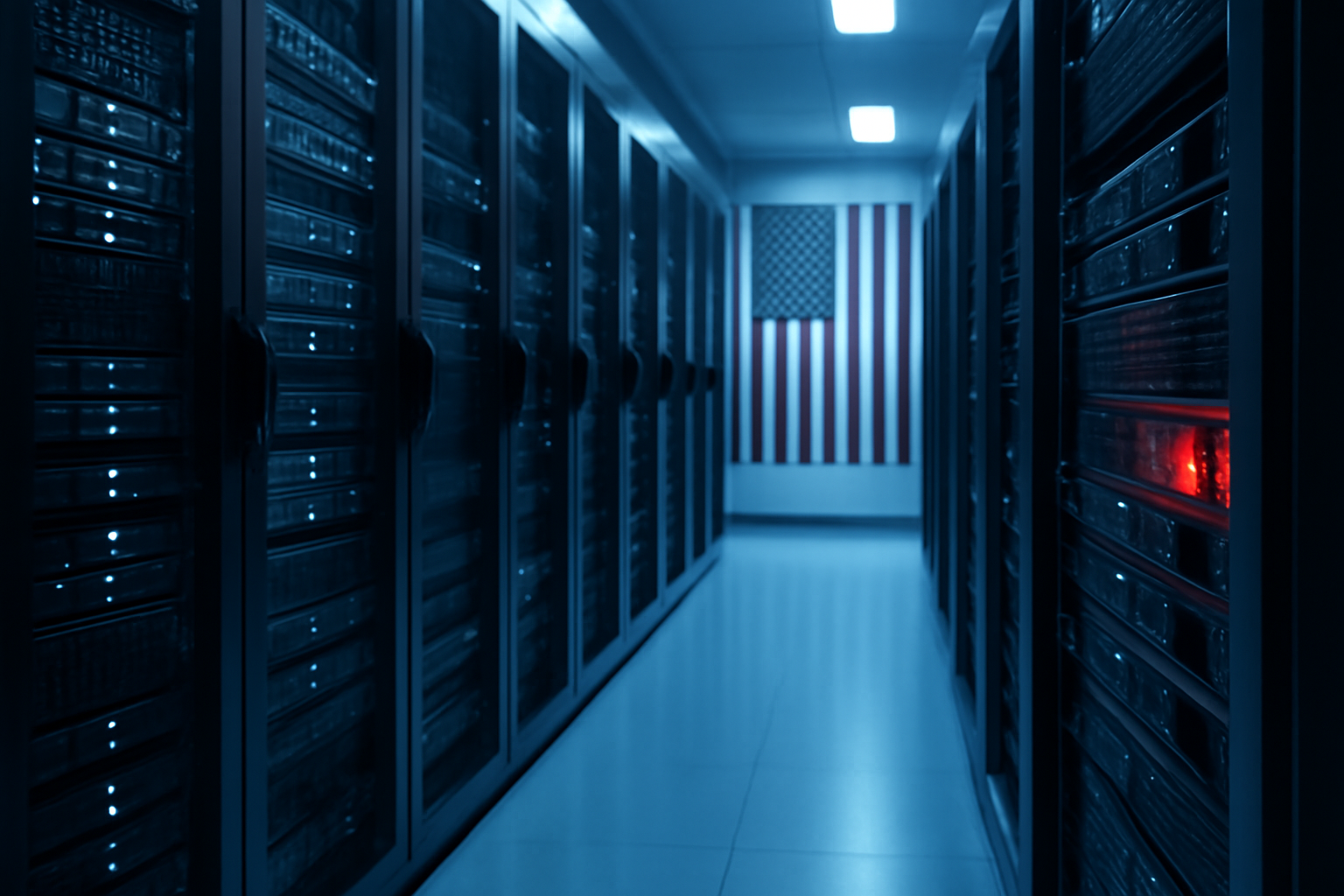 Server racks displaying a DeepSeek AI logo inside a government data center