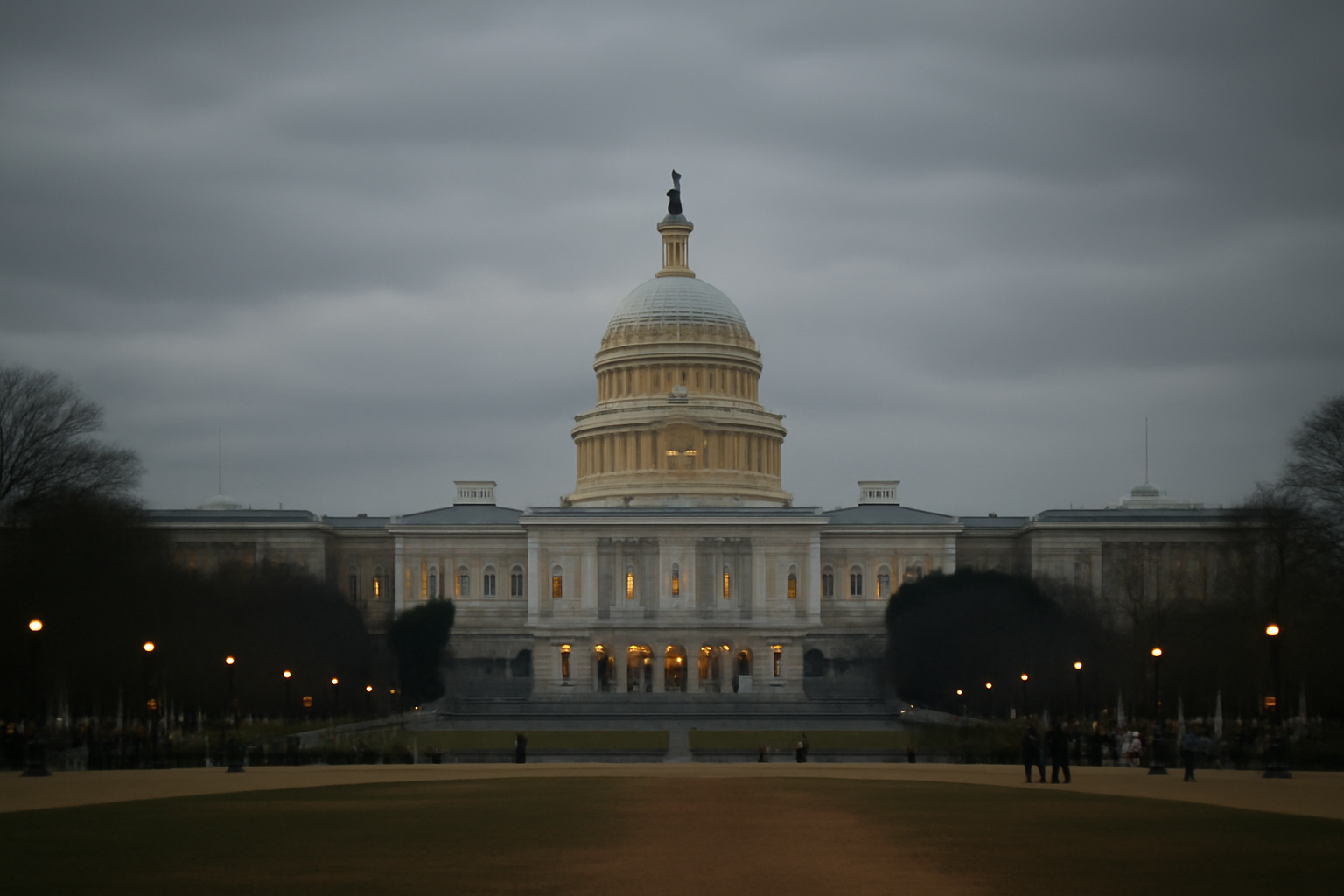 Capitol dome under overcast sky with a newspaper poll graphic overlay