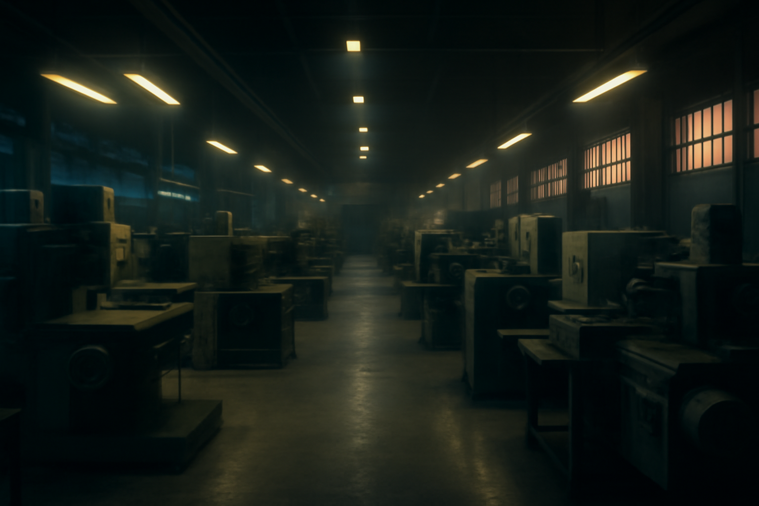Empty factory floor with idle machinery and no workers visible