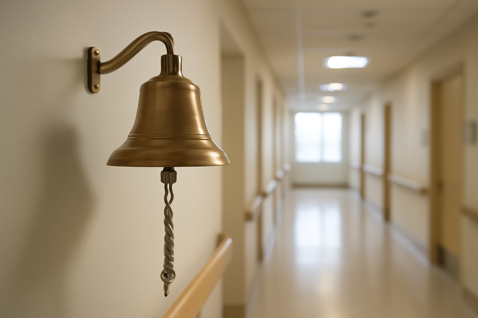 A hospital bell mounted on a wall in an oncology treatment center hallway