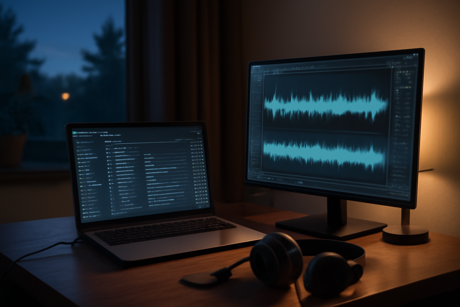 A music producer's desk with a laptop open to an email inbox beside sample-editing software and studio headphones