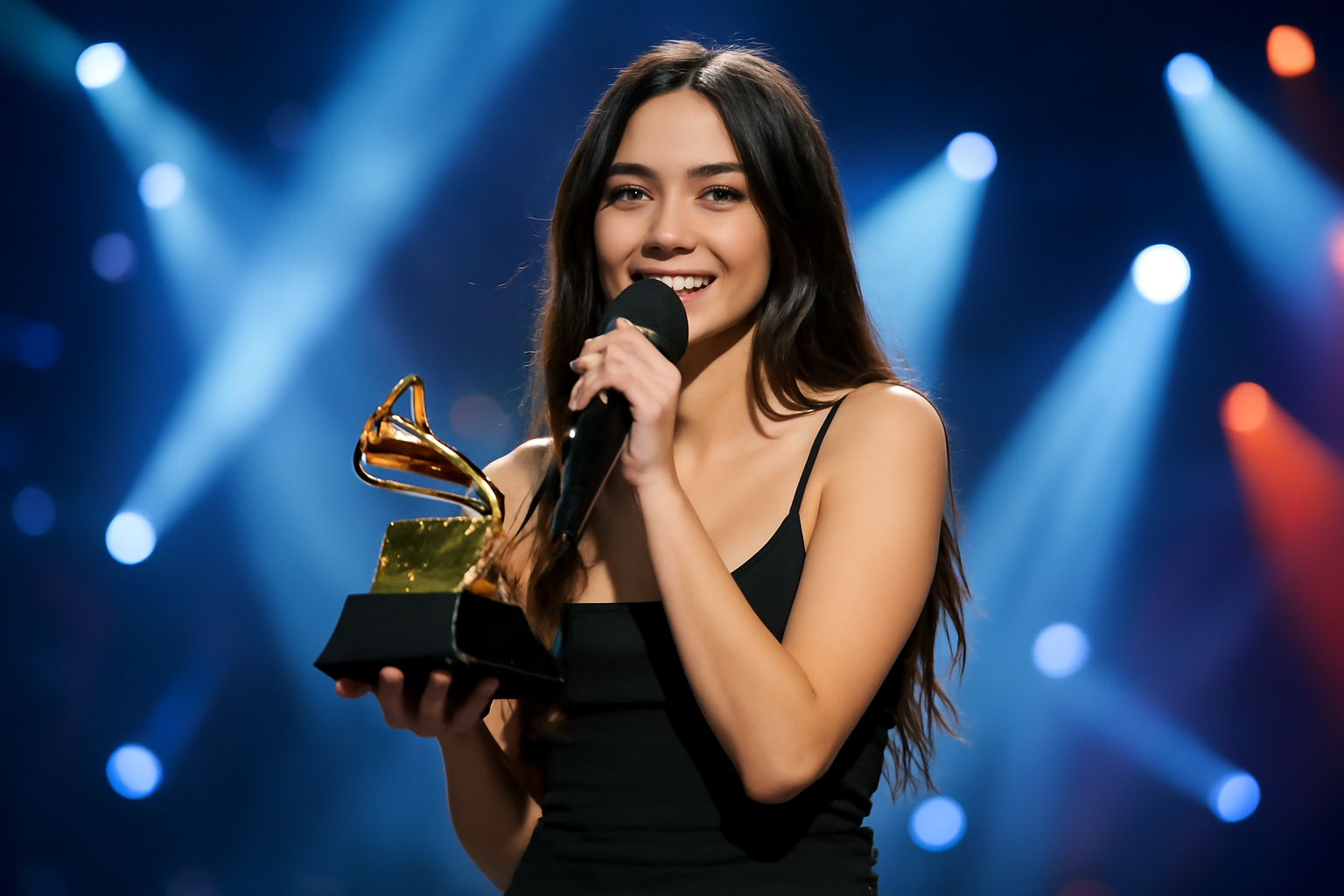 Singer holding a trophy on stage at an arena music award ceremony