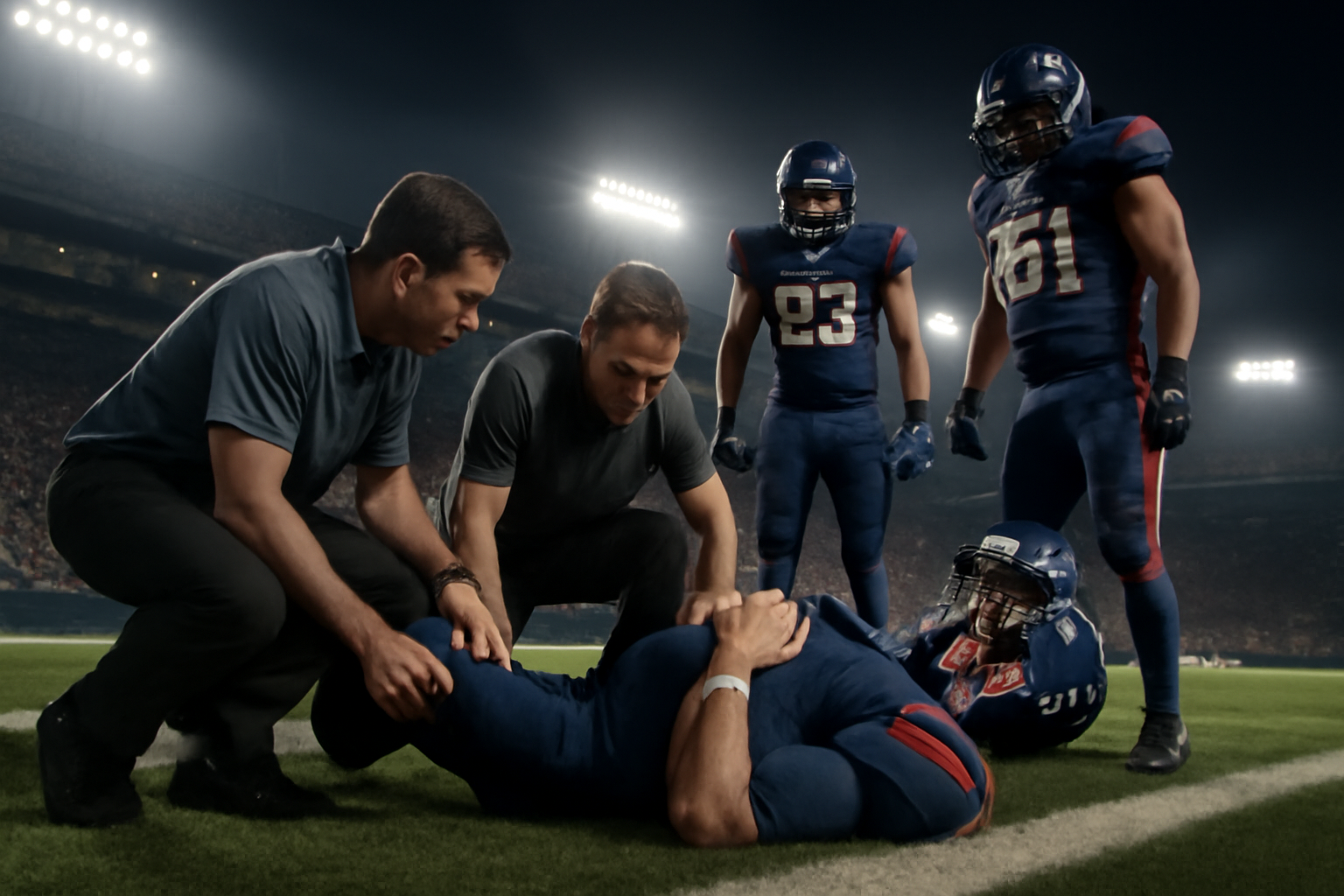 NFL quarterback lying on the field clutching his knee as teammates and medical staff approach