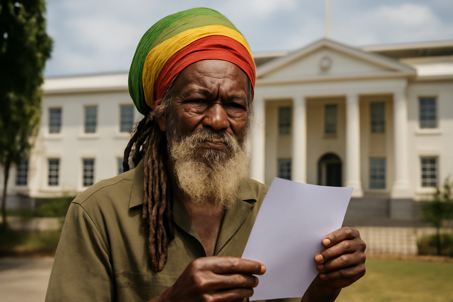 Rastafarian elder in traditional dress standing in front of government buildings in Kingston, Jamaica