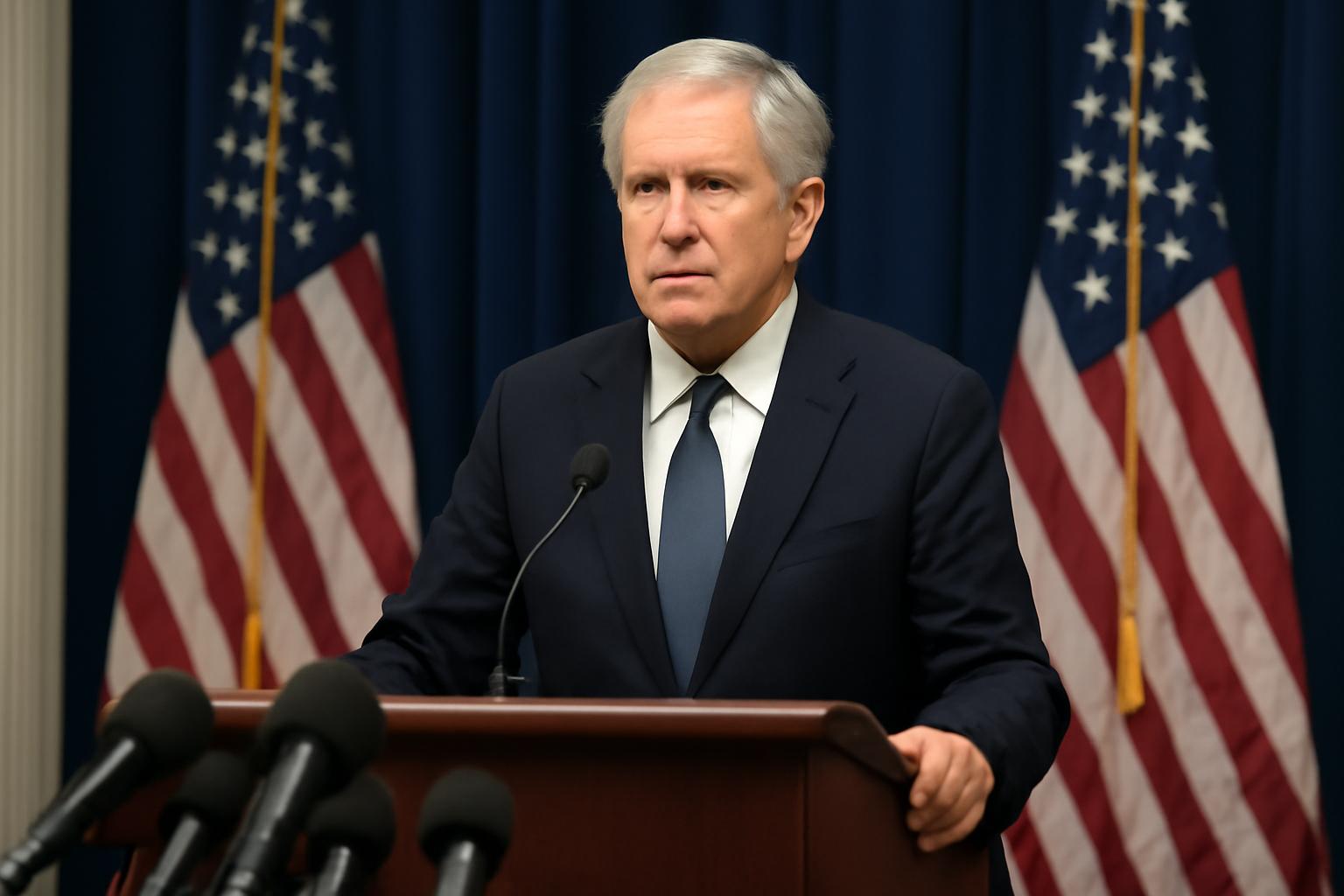 A U.S. Treasury official at a lectern flanked by American flags during a press briefing