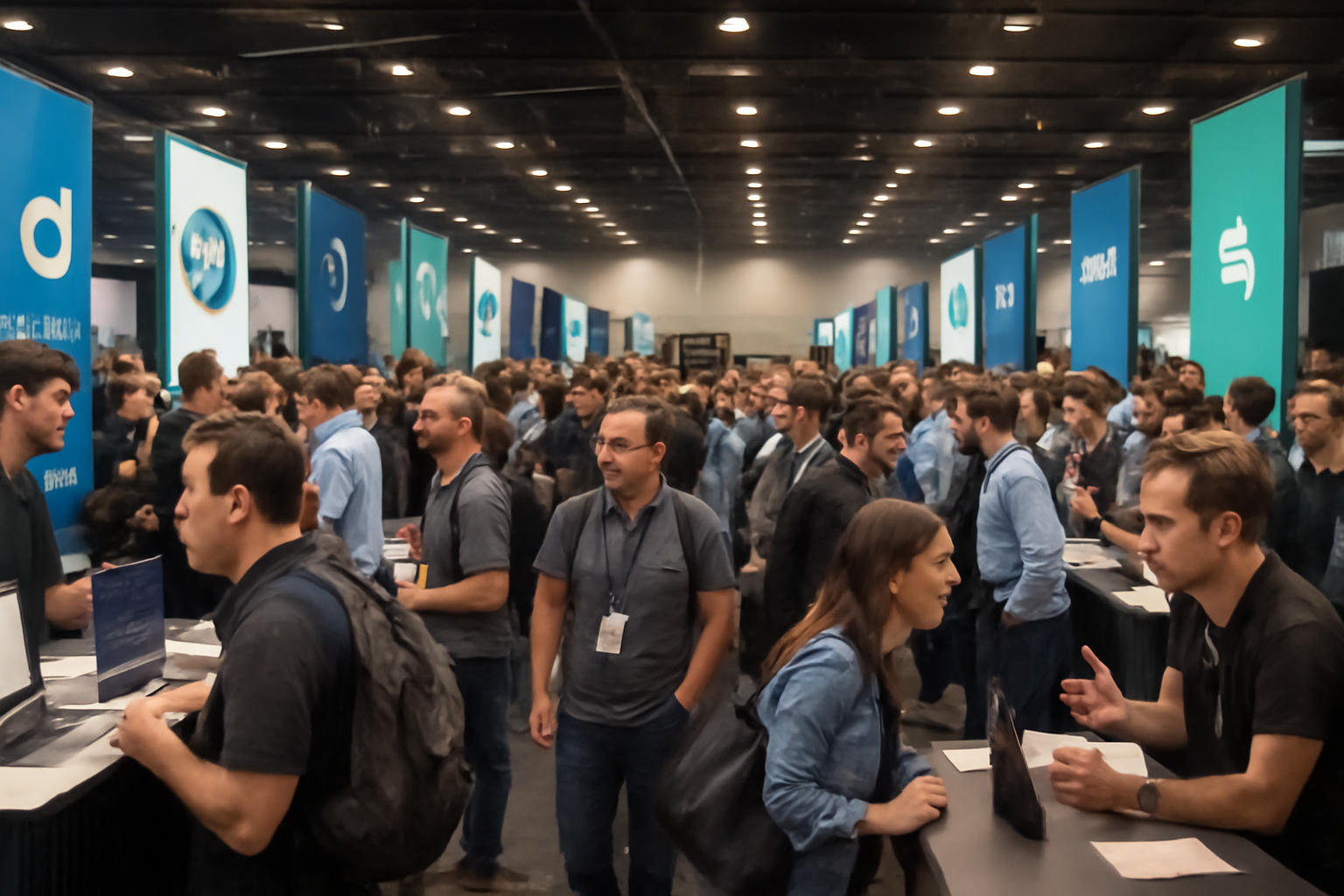 Exhibit tables at a tech conference