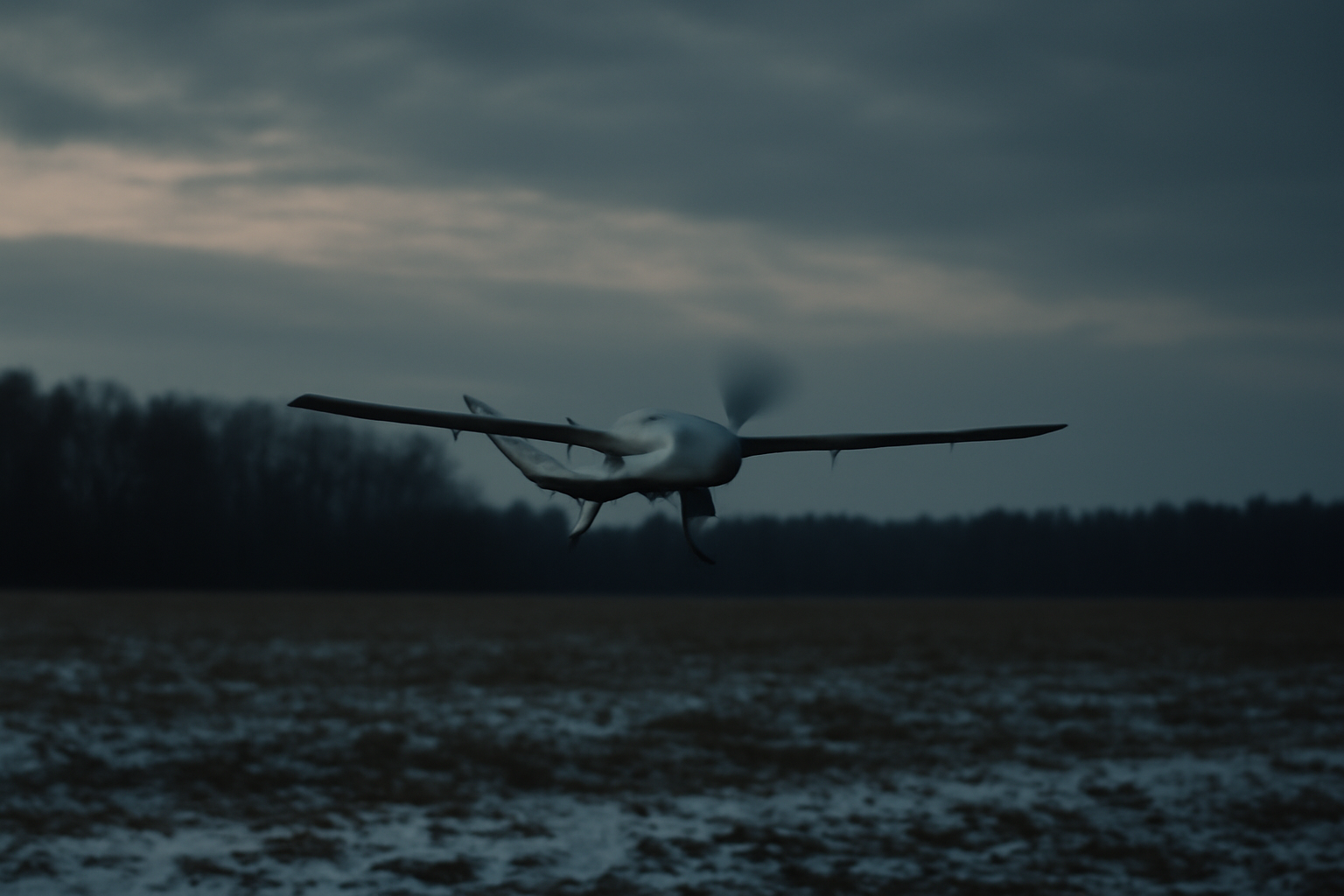 Military drone hovering over a snowy field at dusk