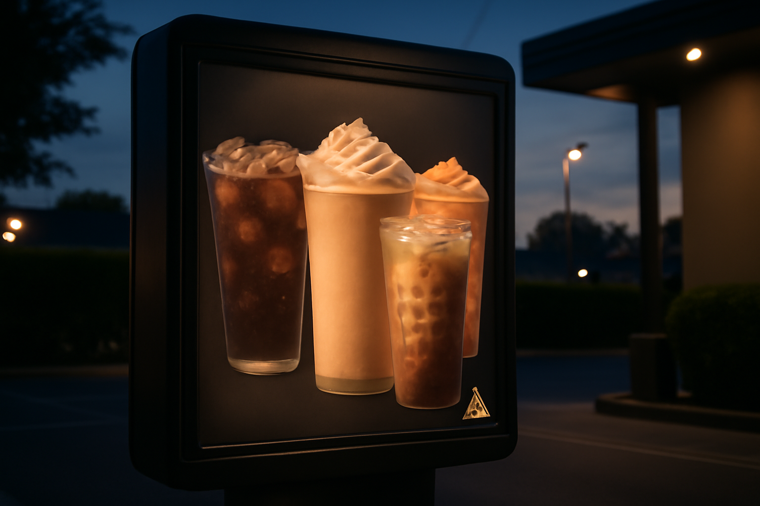 Fast food drive-through menu board displaying a sugar-cube warning icon next to a beverage listing